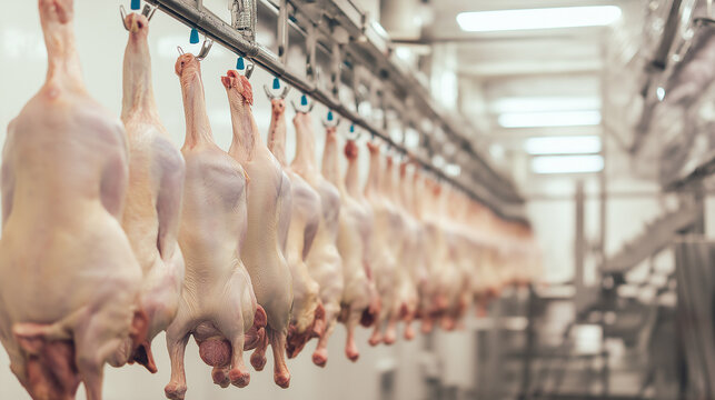 Raw chicken carcasses hanging from hooks on an assembly line, moving through the modern poultry processing plant, ensuring food safety and quality in meat production