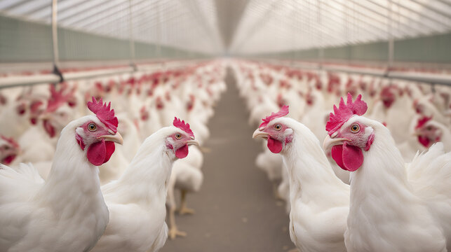 Broiler chickens filling a modern industrial poultry house, depicting the concept of factory farming and the mass production systems for meat consumption