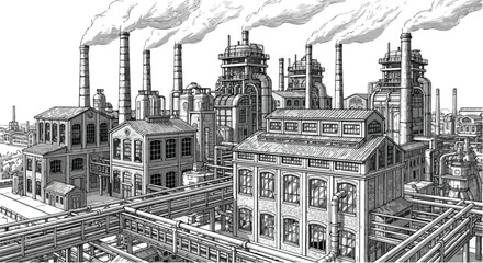Fototapeta premium Industrial Factory Complex Illustration Hand Drawn Engraving Vector