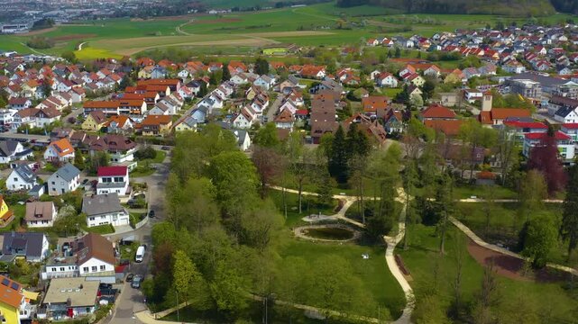 Aerial view of the old town of the city Essingen in Germany on a sunny spring day