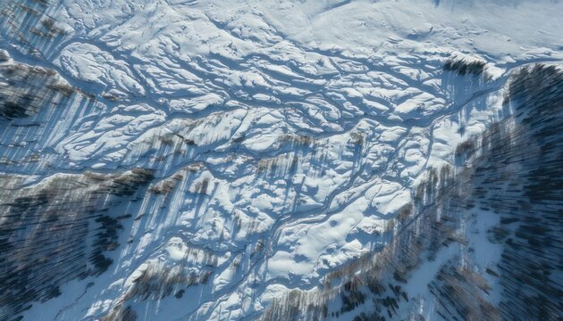 Aerial view of a vast glacier with intricate ice patterns.