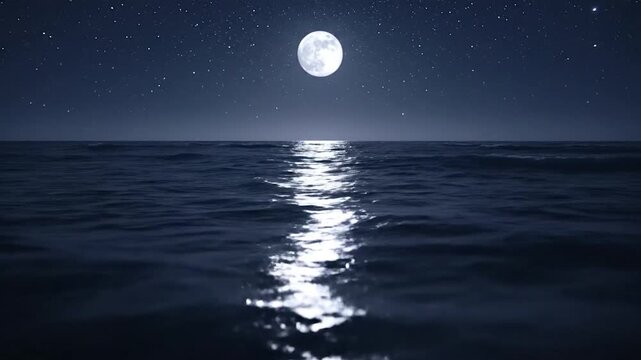 A bright full moon shines over the dark ocean at night, reflecting light on the water surface, with many stars in the sky