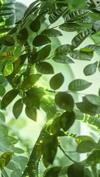 Vertical video: Shifting cam exploring tube stem in backlit macro with sheath oval leaves lit veins