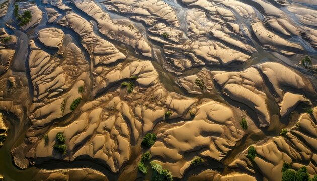Aerial view of intricate sand patterns in a riverbed.