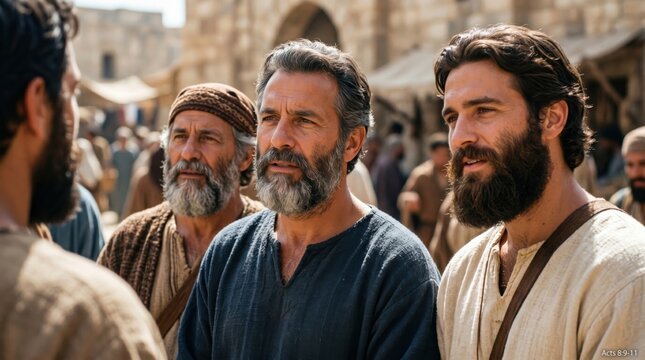 Apostle Philip preaching the gospel to the Samaritan people in a biblical city. Men interacting and discussing faith. Historical religious scene from the scripture Acts 8 of the Bible.