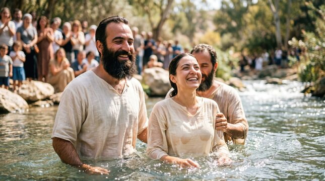 Baptizer performing baptism of happy woman in river. Biblical reenactment of Acts 8, movement representing Philip baptizing Samaritans. Faith, spiritual ritual, holy sacrament ceremony.
