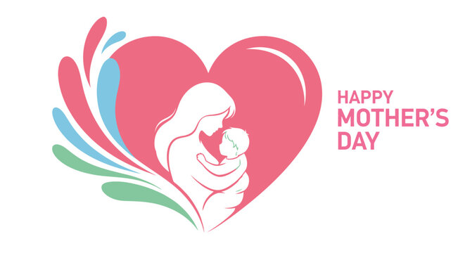 mother holding baby within heart shape with colorful wings high quality with happy mother's day text