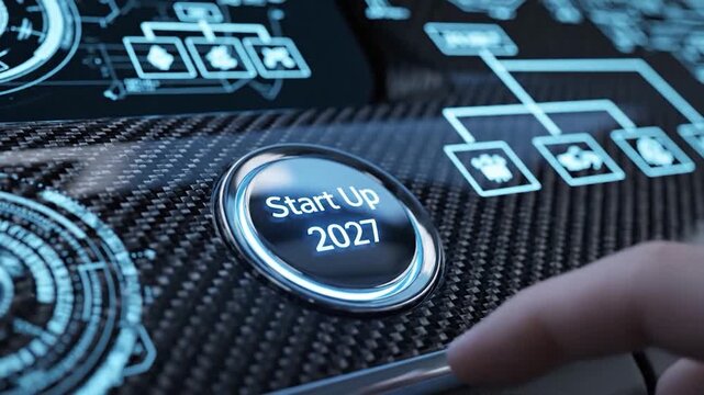 A person finger presses a glowing button with the words 'Start Up 2027' on it, symbolizing a new beginning