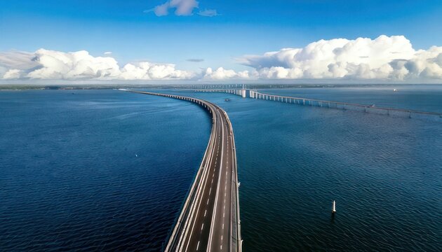 Aerial View of Chesapeake Bay Bridge with Cloudy Sky.