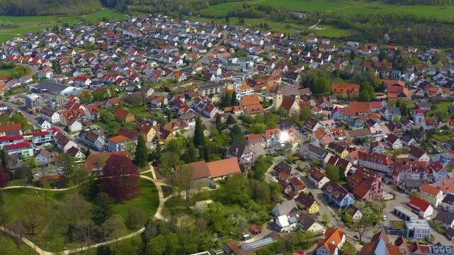 Aerial view of the city Essingen in Germany on a sunny spring day