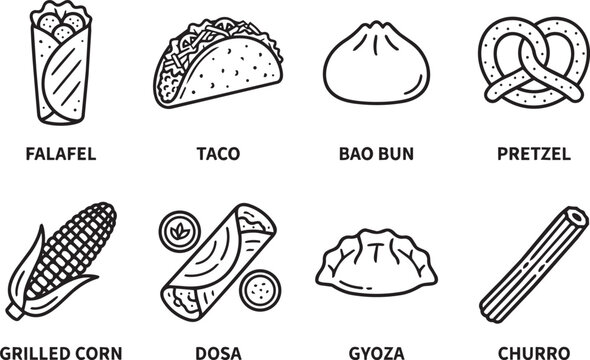 Street food line icons with falafel taco bao bun pretzel corn dosa gyoza churro for world cuisine menu