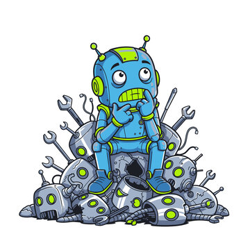 Robot sits on pile of broken robots looking worried