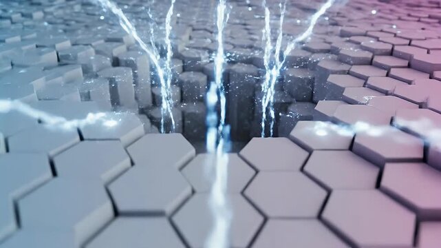 An abstract 3D rendering showcases a field of interconnected hexagonal structures with a gradient color scheme transitioning from blue to purple.