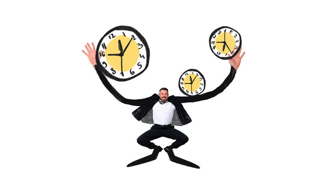 businessman juggling multiple handmade drawn clocks with long arms isolated on light background. Concept of multitasking, time management, overload, productivity pressure and business efficiency.