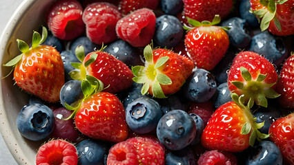 Obraz premium Vibrant strawberries blueberries raspberries in a ceramic bowl water droplets natural daylight minimalist