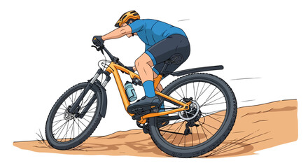 Naklejka premium A mountain biker in a blue shirt and black shorts riding an orange bike on a dirt trail with a white background.