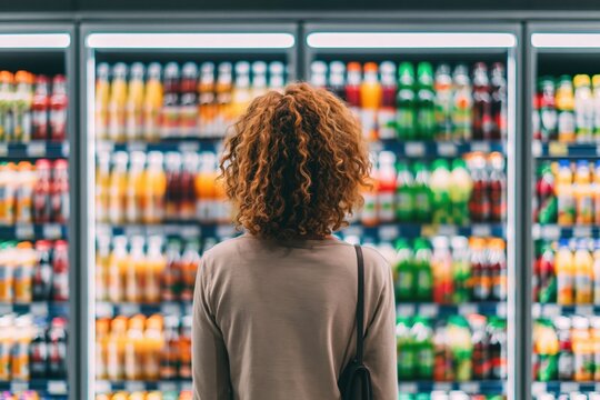 Person choosing beverages from a wide selection in a refrigerated display case at a grocery store, making a consumer choice