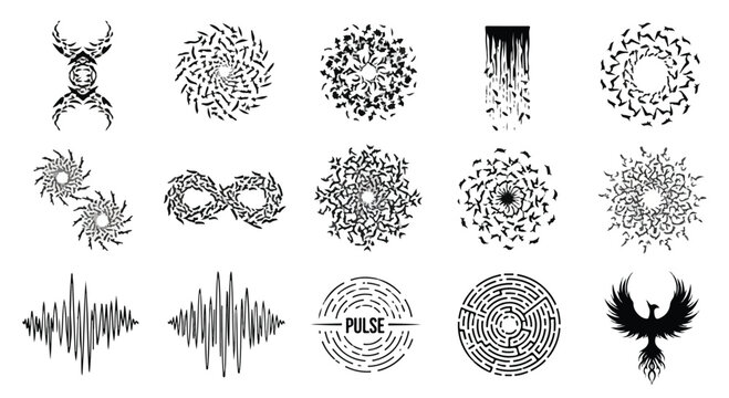 Collection of various black and white mandala designs and patterns on a clean white background with intricate details.