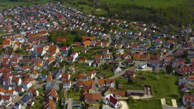 Aerial view of the city Essingen in Germany on a sunny spring day