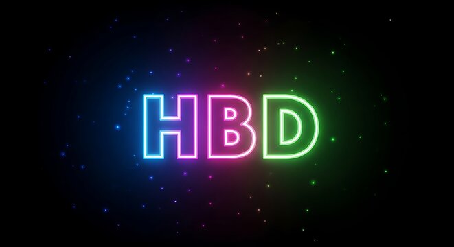 Neon "HBD" Sign Glowing Brightly Against Dark Bokeh Background