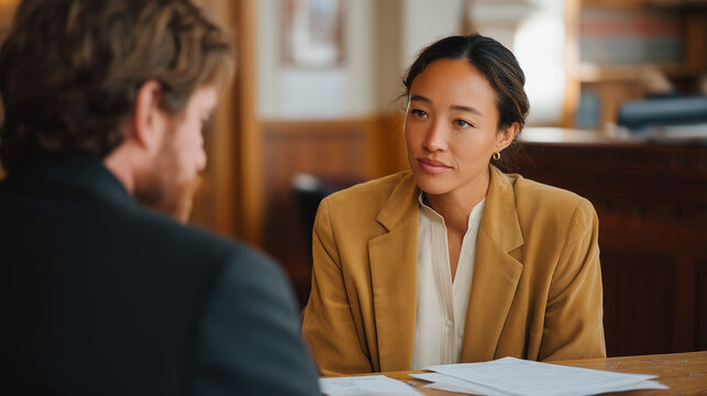 Public defender meets a first-generation immigrant client at a modest community legal aid office, interpreter seated beside them, as the attorney carefully explains arraignment paperwork spread open