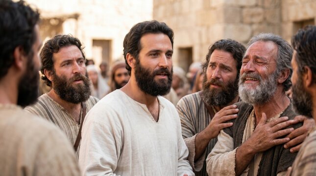 Philip the evangelist preaching the gospel to the Samaritans in an ancient city. Apostle speaking about faith and divine spirit to the people. Biblical scene from Acts of the Apostles.