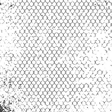 Grungy distressed chain link fence texture with scattered grunge elements, isolated on transparent background