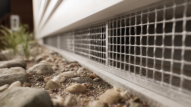 Window well vent with metal mesh screen over gravel indicating rodent exclusion and wildlife prevention at foundation vent.