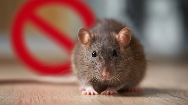 House rat near a no-entry symbol symbolizing rodent exclusion wildlife removal service and prevention.