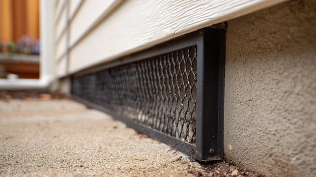 Metal mesh foundation vent cover installed at house base to keep rodent out and protect foundation during wildlife exclusion and foundation repair.