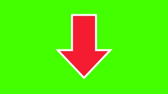 Red arrow with white edge points downward. The arrow moves back and forward. Direction, point to something, below, down, orientation. Chromakey, green screen, cut out.