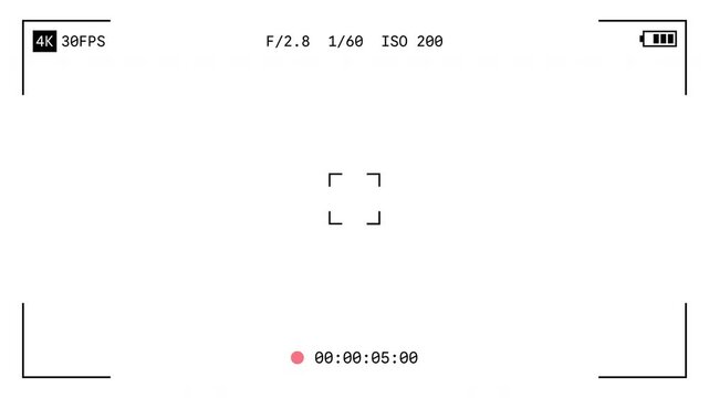 Camera Recorder Screen Overlay with Alpha Channel on Transparent Background, Viewfinder Display with Timer and Settings
