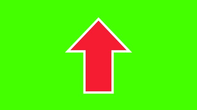 Red arrow with white edge points upward. The arrow moves back and forward. Direction, point to something, above, up, orientation. Chromakey, green screen, cut out.