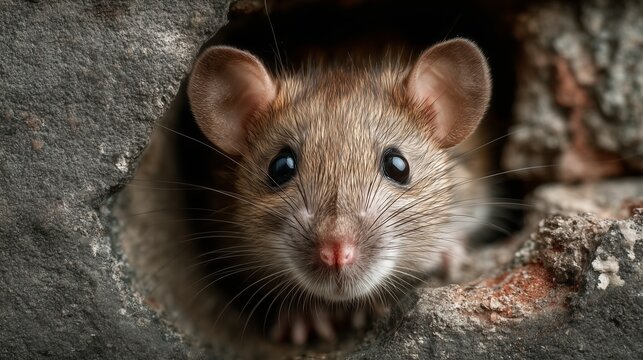 House mouse peeking from crawlspace gap, illustrating rodent exclusion and crawlspace wildlife exclusion challenge.