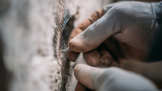 Gloved hand sealing a hole in exterior wall insulation to prevent rodent entry, symbolizing rodent exclusion wildlife removal and home pest protection.