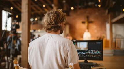 Fototapeta premium Over the shoulder view of ceremony videographer reviewing playback on monitor inside brick industrial venue, film crew directing microphone boom above altar scene, director's chair marked with gaffe