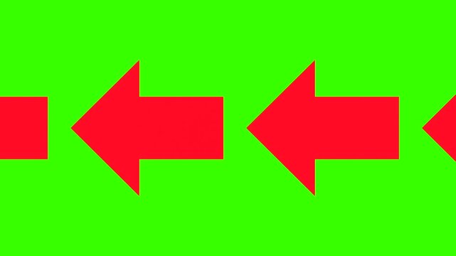 Red arrows are moving and pointing to then left. Loop animation, direction, point to something, orientation. Chromakey, green screen, cut out.