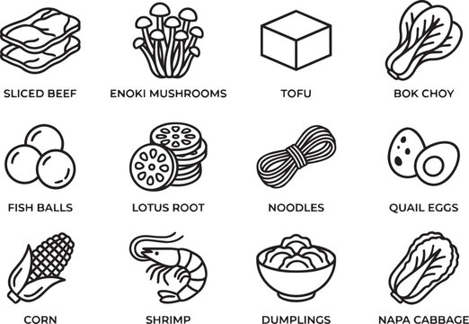Asian hot pot ingredients line icons with beef enoki mushrooms tofu bok choy fish balls lotus root noodles quail eggs corn shrimp dumplings napa cabbage