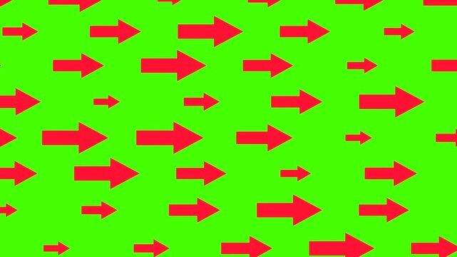Red arrows pointing to the right. Looping animation, direction, point to something, above, up, orientation. Chroma key, green screen, cut out.