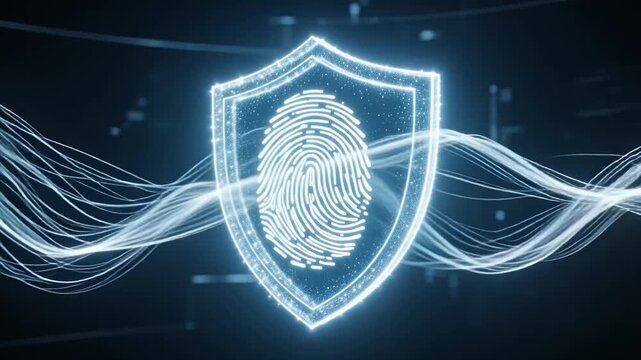 Sparkling digital shield fingerprint icon transition technology security abstract background safety protective feeling personal