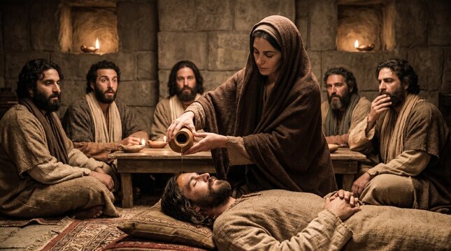 Biblical scene of a woman anointing the head of Jesus Christ with precious oil in an ancient stone room with his disciples in Jerusalem.