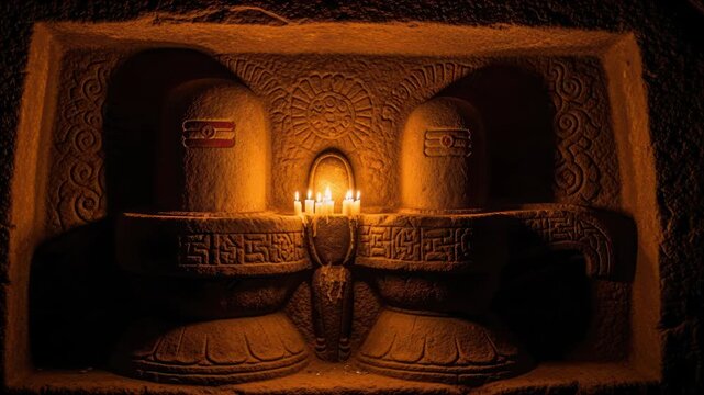Ancient Stone Lingam Carving with Flickering Candles in Dark Temple