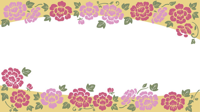 牡丹の和柄フレームベクター（16:9・背景透過）｜着物柄風フラットデザイン Japanese Peony Kimono Pattern Frame 16:9 Vector Banner