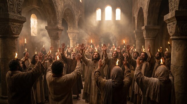 Biblical scene of the day of Pentecost with the Holy Spirit descending as tongues of fire upon the Apostles in a Jerusalem temple.