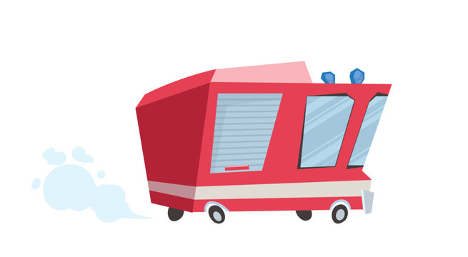 Vector stylized fire truck icon. Flat design funny cartoon fire engine with siren lights and exhaust smoke. Isolated emergency vehicle for mobile games, stickers, and kids animation.
