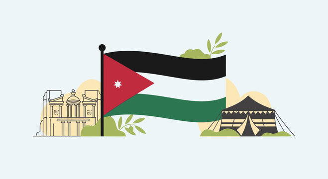 Jordanian Flag and Landmarks: Petra and Bedouin Tent - Middle East Travel