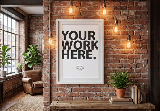 Vertical art poster frame Mockup on a brick wall in loft interior