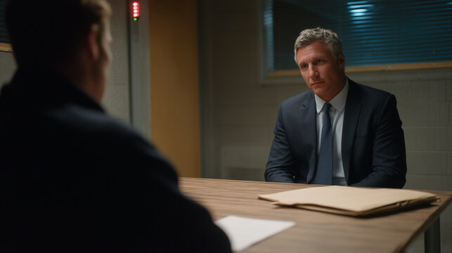 Detective and junior officer conducting recorded interrogation in sterile observation room, wall-mounted camera indicator light glowing, metal table bolted to floor, manila case folder open beside r