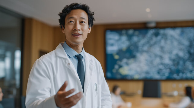 Deep learning bioinformatics researcher presenting protein binding affinity predictions to pharmaceutical development team in corporate research campus meeting room, AI drug discovery pipeline visua