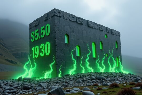 A massive, ancient stone monolith entirely consumed by a swirling, localized miniature storm of glowing, neon green numbers.